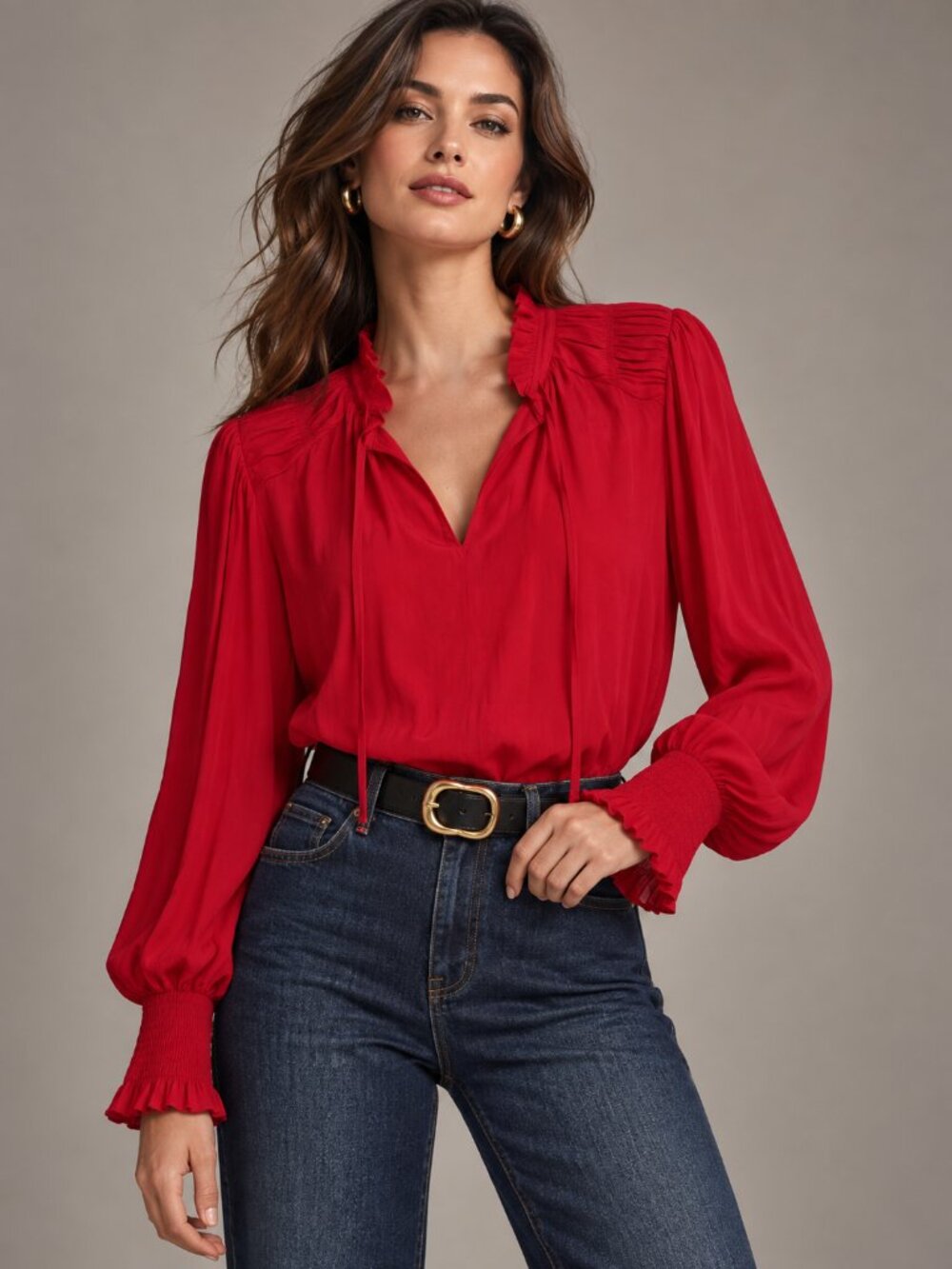 Maison d'Amelie Red Tie Neck Blouse XL Ruffle Collar Smocked Cuffs